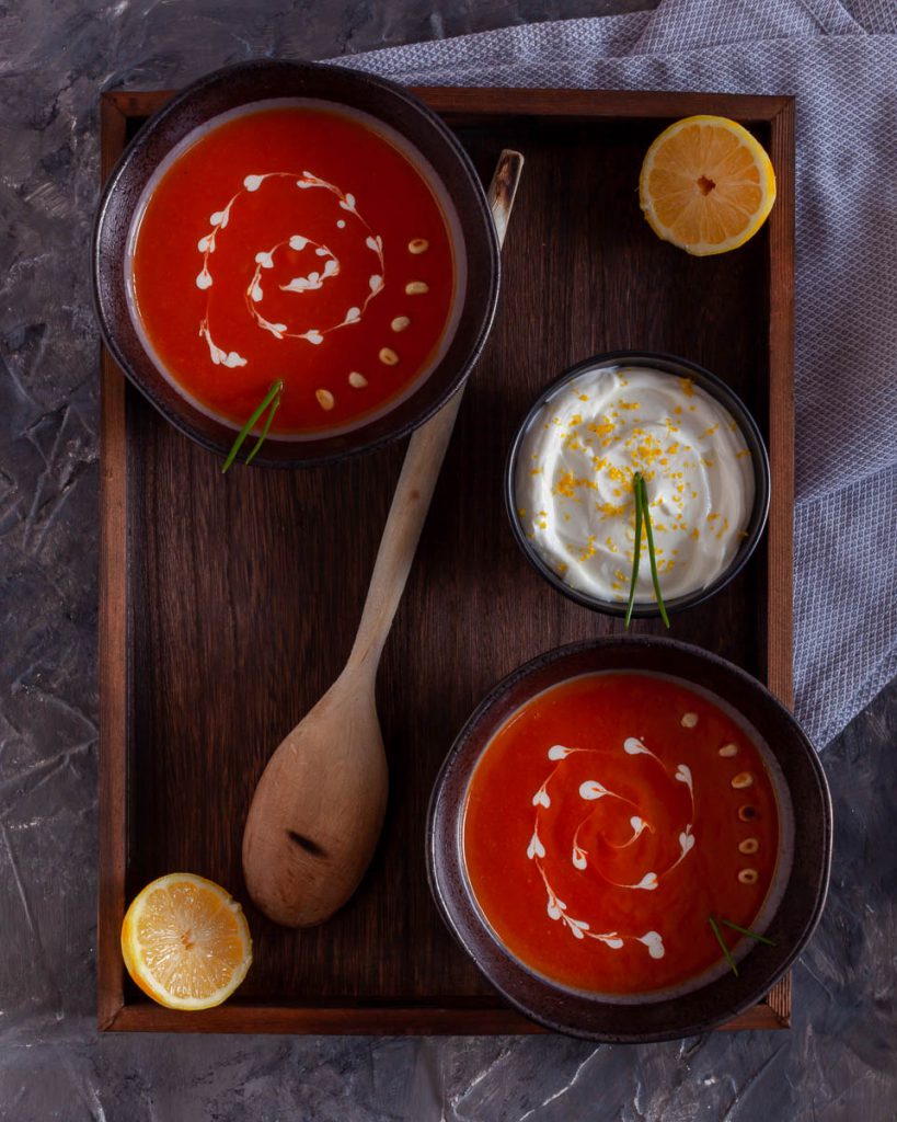 Butternut squash soup with with yogurt, pine nuts, chives and lemon